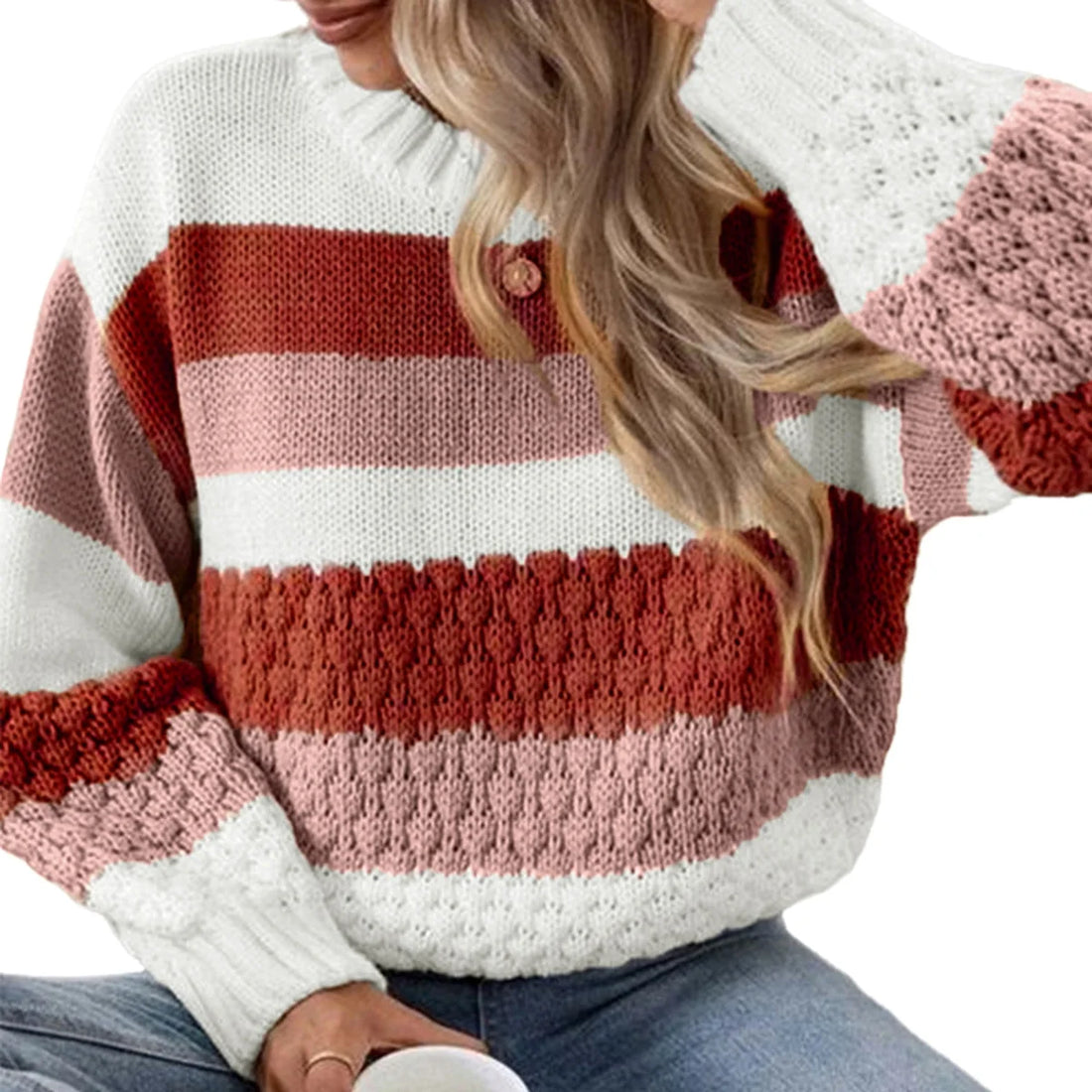 Damen Strukturpullover mit Streifen – Detailansicht 4