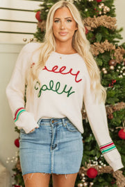 Damen Weihnachtspullover Beige „Holly Jolly“