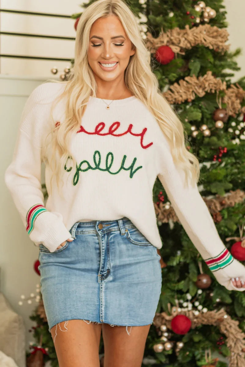 Damen Weihnachtspullover Beige „Holly Jolly“ – Produktansicht 4
