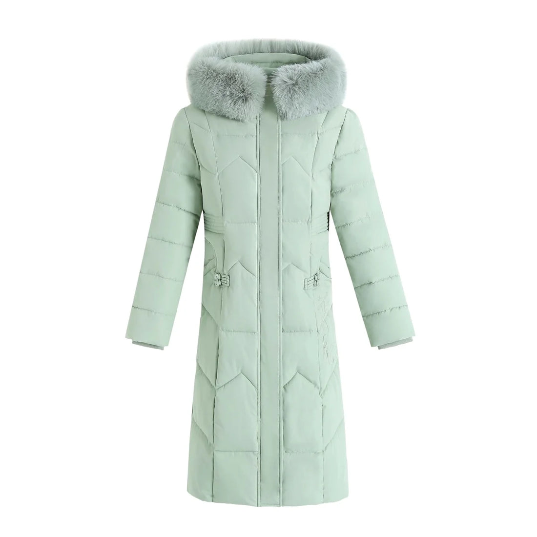 Damen langer Wintermantel mit Felloptik-Kragen – Detailansicht 3