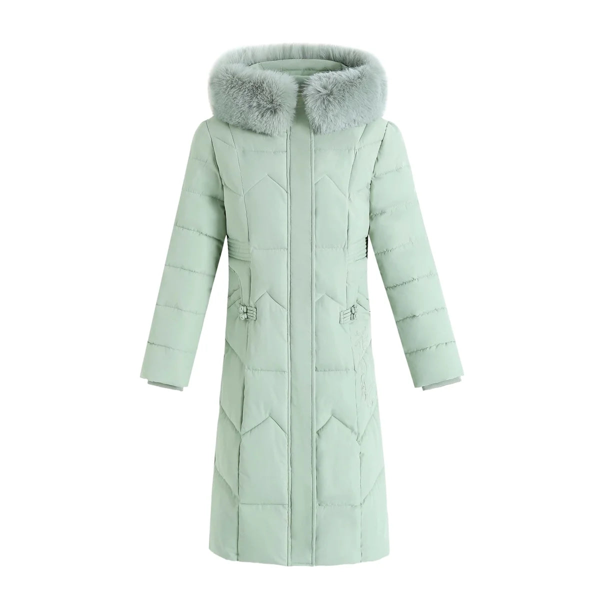 Damen langer Wintermantel mit Felloptik-Kragen – Produktansicht 5