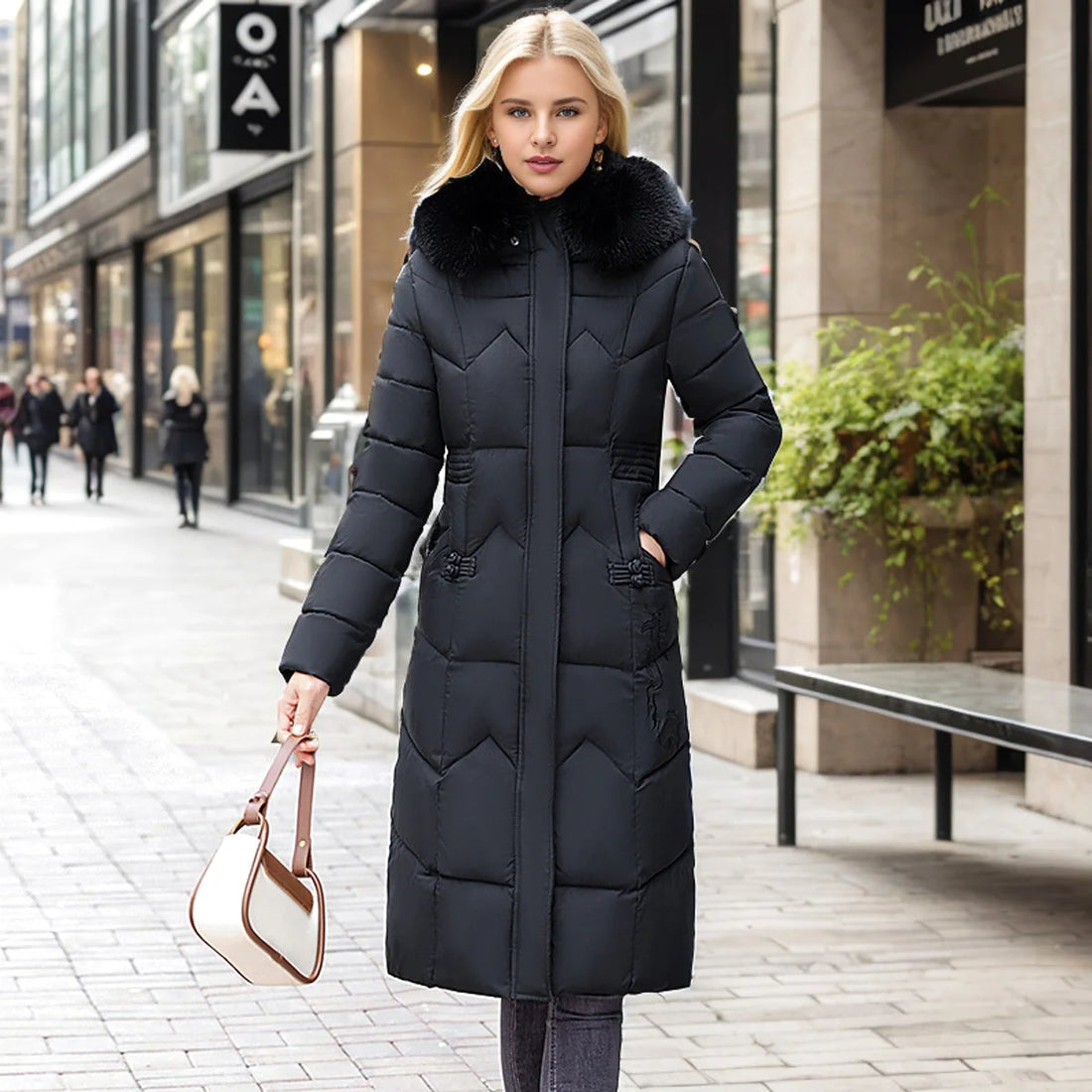 Damen langer Wintermantel mit Felloptik-Kragen – Detailansicht 4
