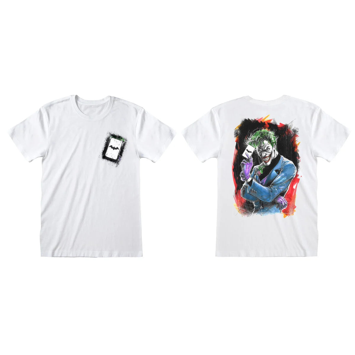 Weißes Batman Card Unisex-T-Shirt mit Kartenmotiv vorne und Joker-Motiv hinten