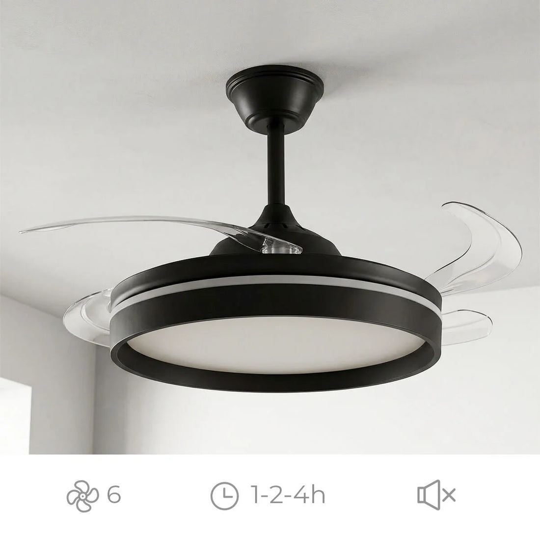 Deckenventilator mit LED-Licht, 4 einziehbaren Flügeln und Fernbedienung – Detailansicht 3