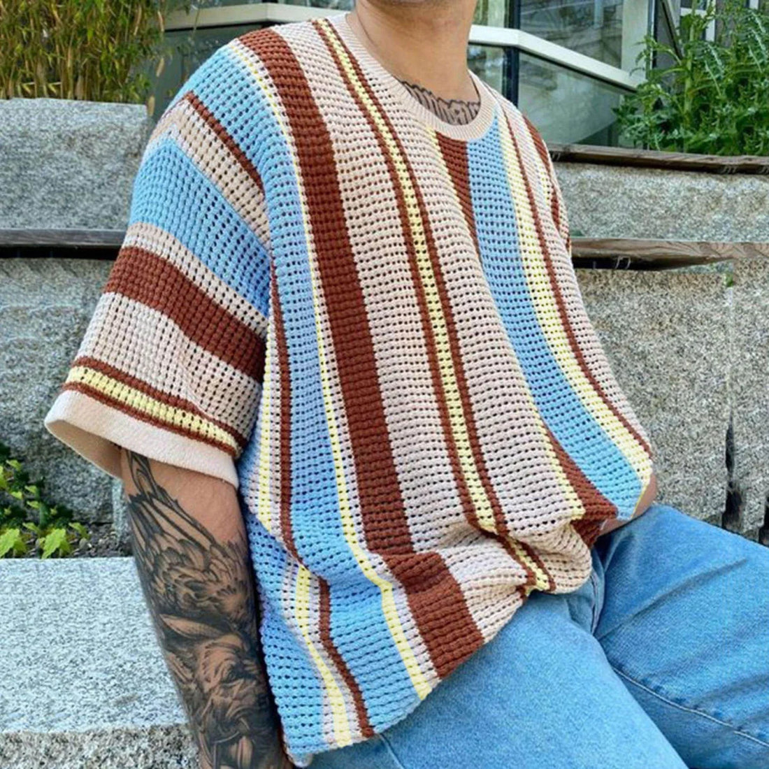 Herren Feinstrick T-Shirt mit Rundhals – Detailansicht 1