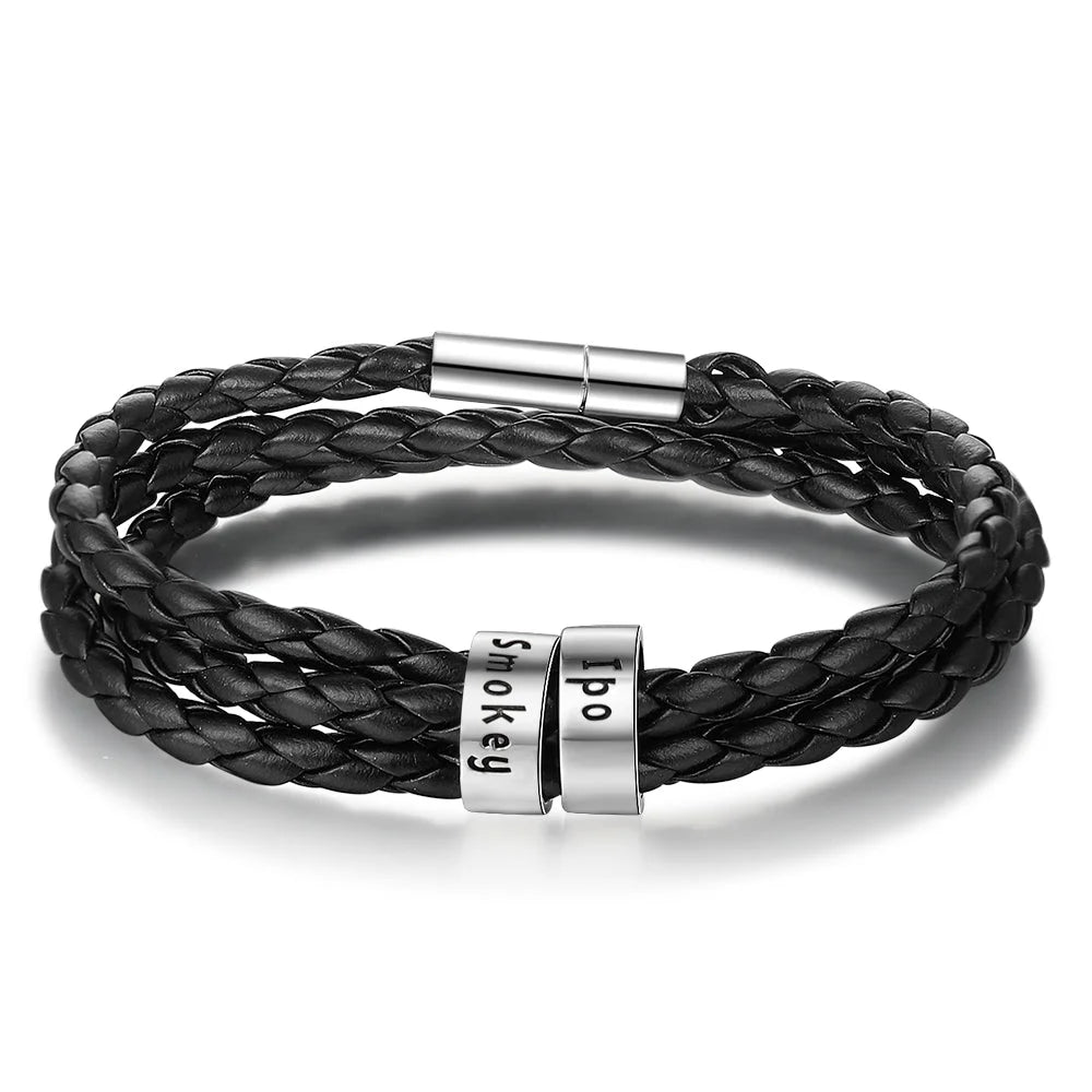 Personalisierbares Herren-Lederarmband mit Namensperlen