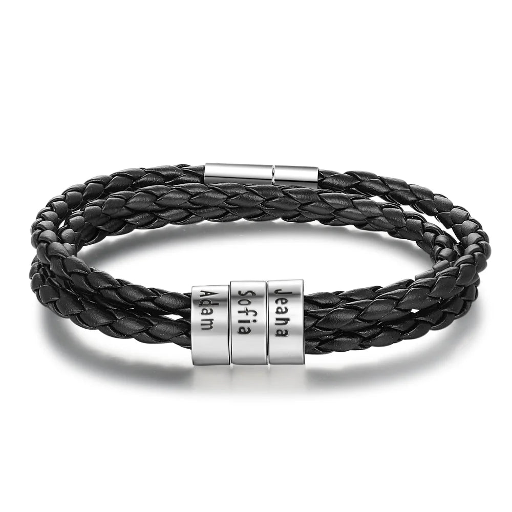 Personalisierbares Herren-Lederarmband mit Namensperlen