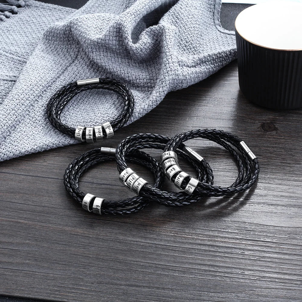 Personalisierbares Herren-Lederarmband mit Namensperlen