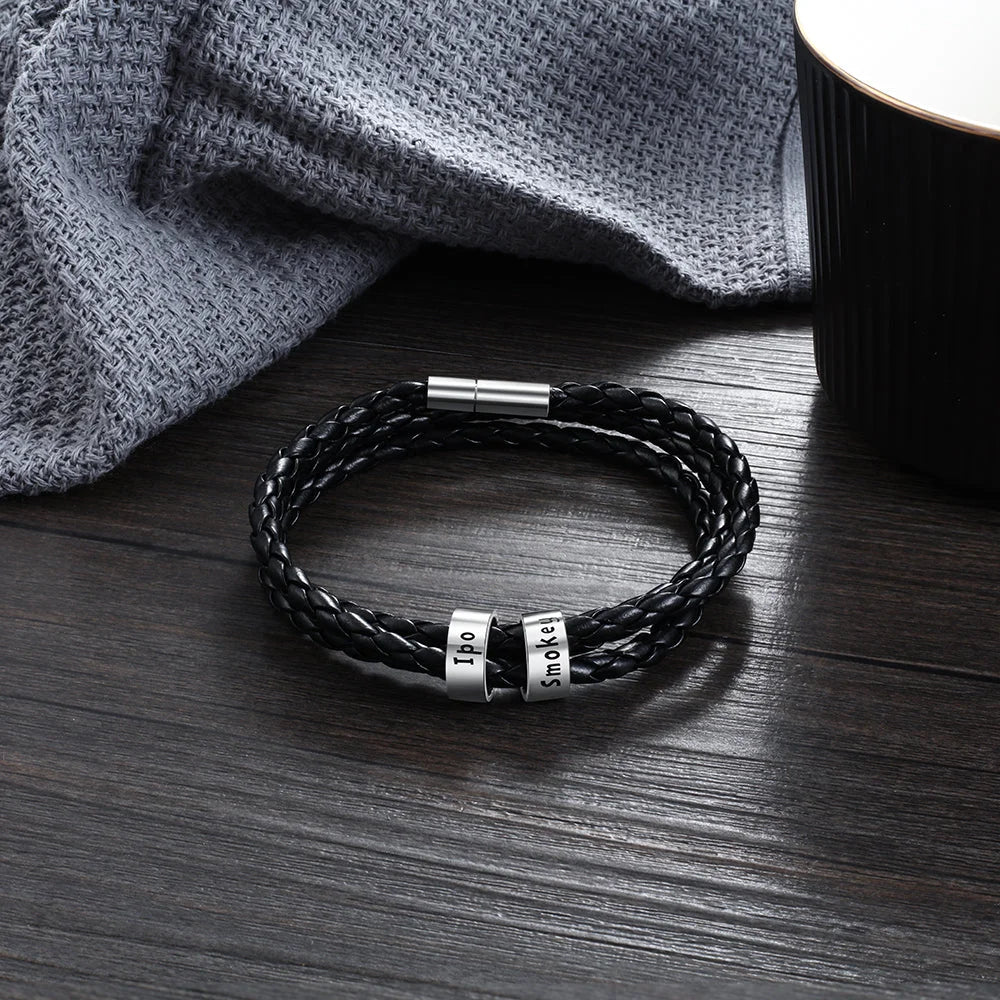 Personalisierbares Herren-Lederarmband mit Namensperlen