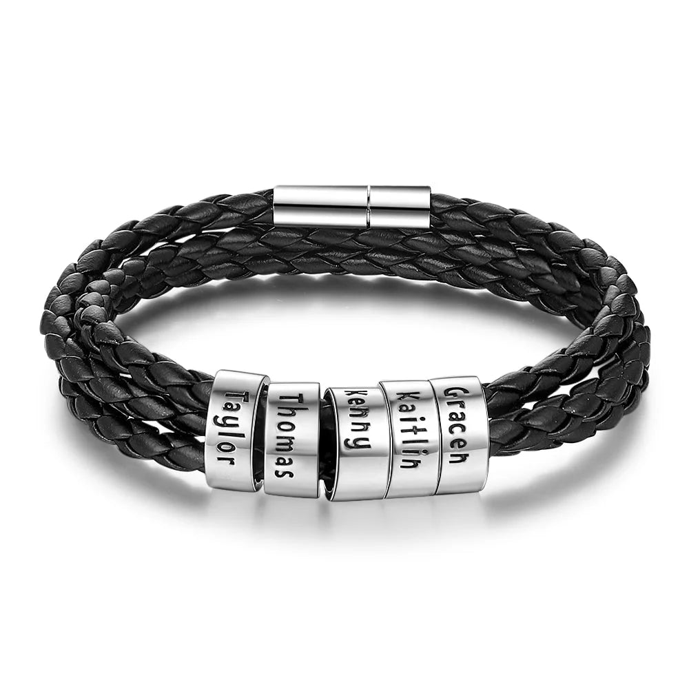 Personalisierbares Herren-Lederarmband mit Namensperlen