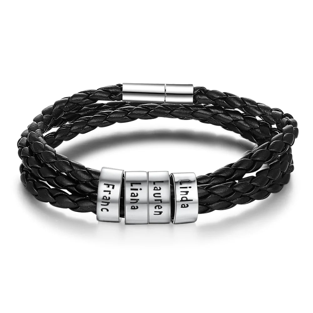 Personalisierbares Herren-Lederarmband mit Namensperlen