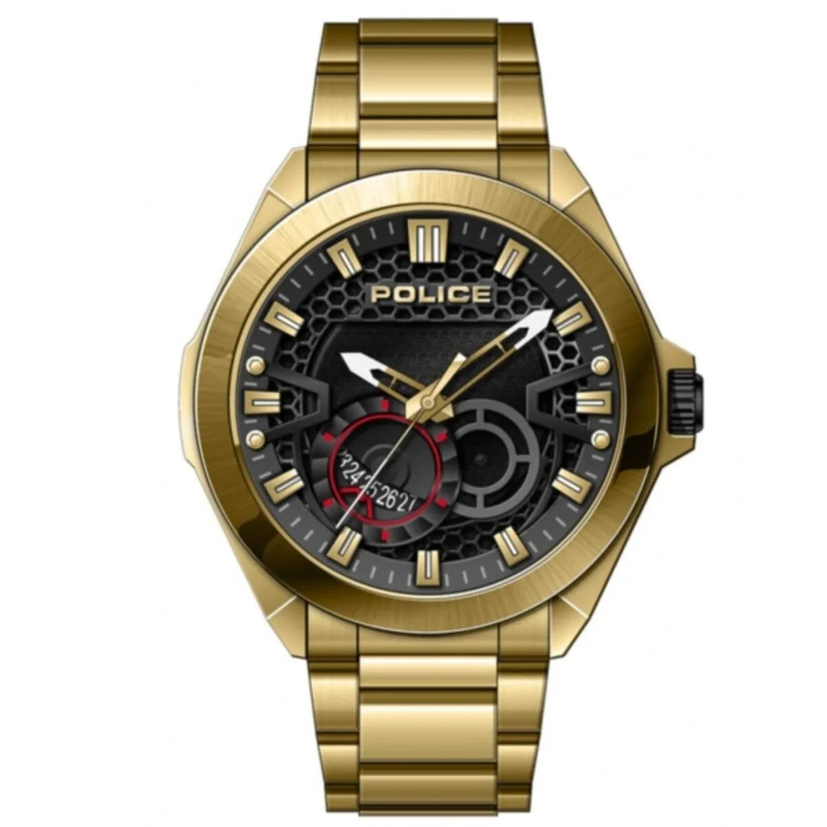 Police Herrenuhr mit schwarzem Zifferblatt und goldenem Edelstahlband