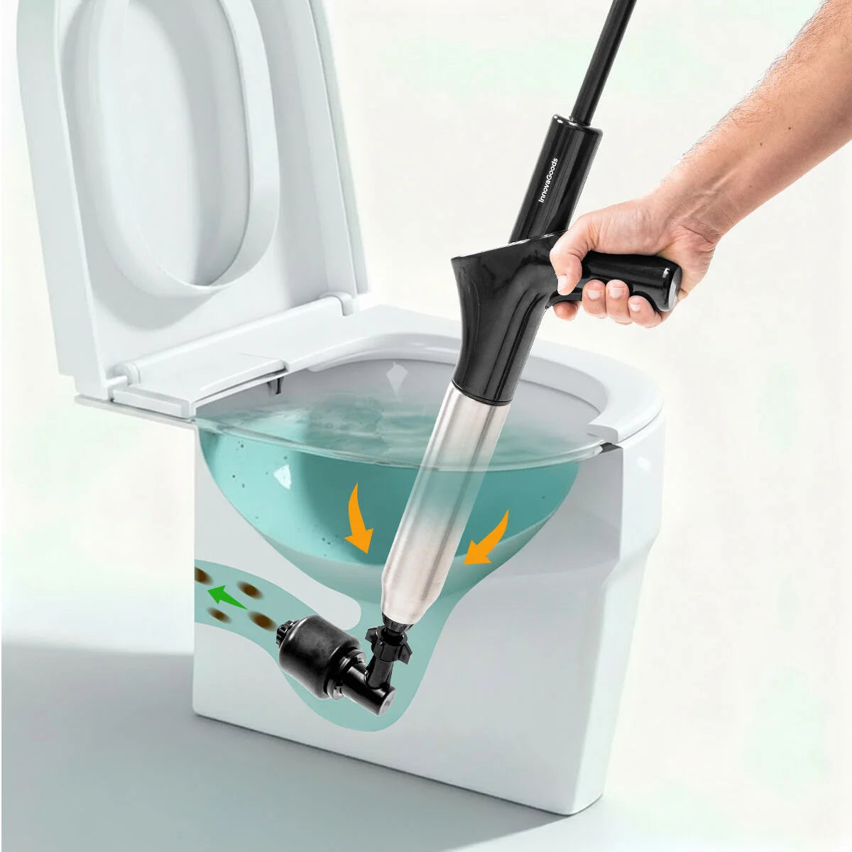 Jetpro Druckluft-Abflussreiniger wird an einer Toilette angesetzt