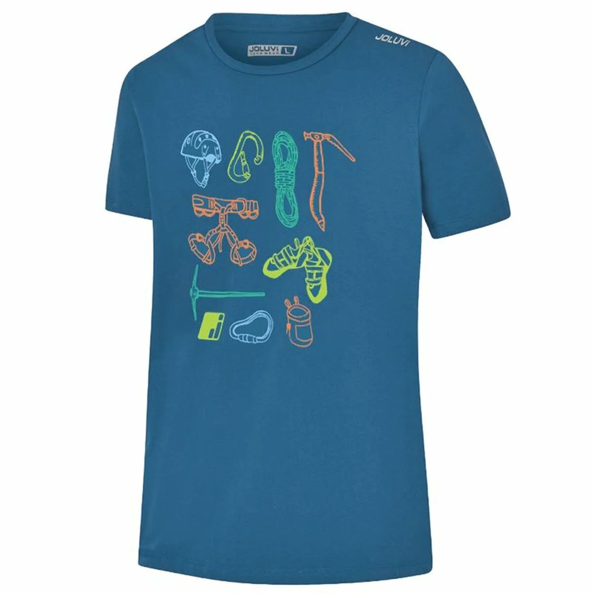 Blaues Joluvi Climbing Elements Sport-T-Shirt mit mehrfarbigem Klettermotiv, Vorderansicht