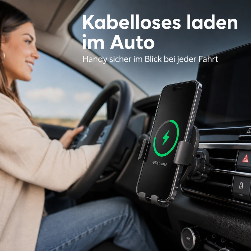 - Kabellose Auto-Handyhalterung
- Farbe: Schwarz
- Ladeleistung: bis zu 15 W
- Befestigung an der Lüftung
- 360° drehbarer Kopf
- EVA-Gummipolster zum Schutz vor Kratzern
- Automatische Anpassung durch Schwerkraft
