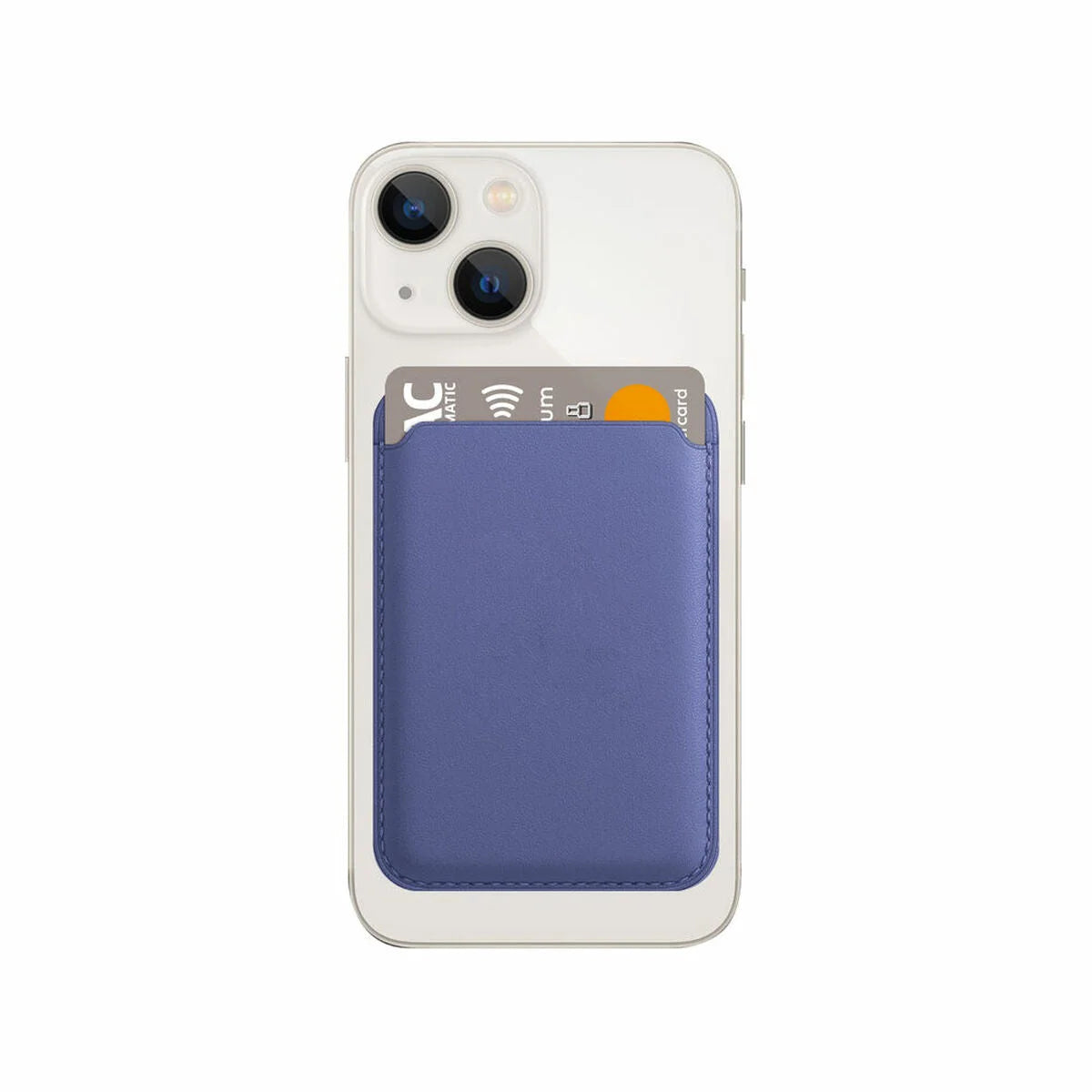 Blaues KSIX Magcard Kartenetui an der Rückseite eines iPhone