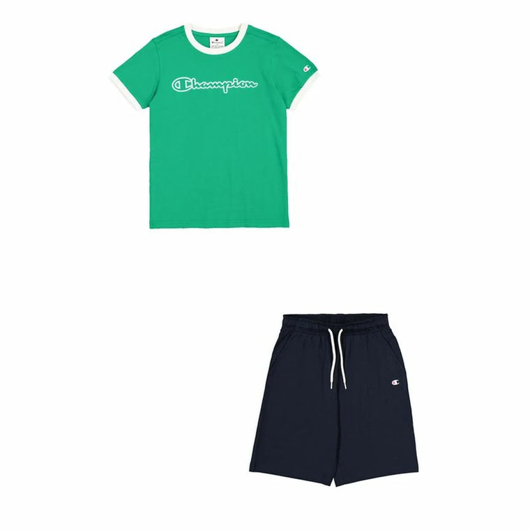Champion Kinder-Sportset mit grünem T-Shirt und dunkelblauer Shorts von vorn