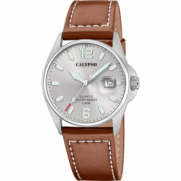 Calypso Herrenuhr K5870/2 42 mm Braun Lederarmband - Mode & Accessoires