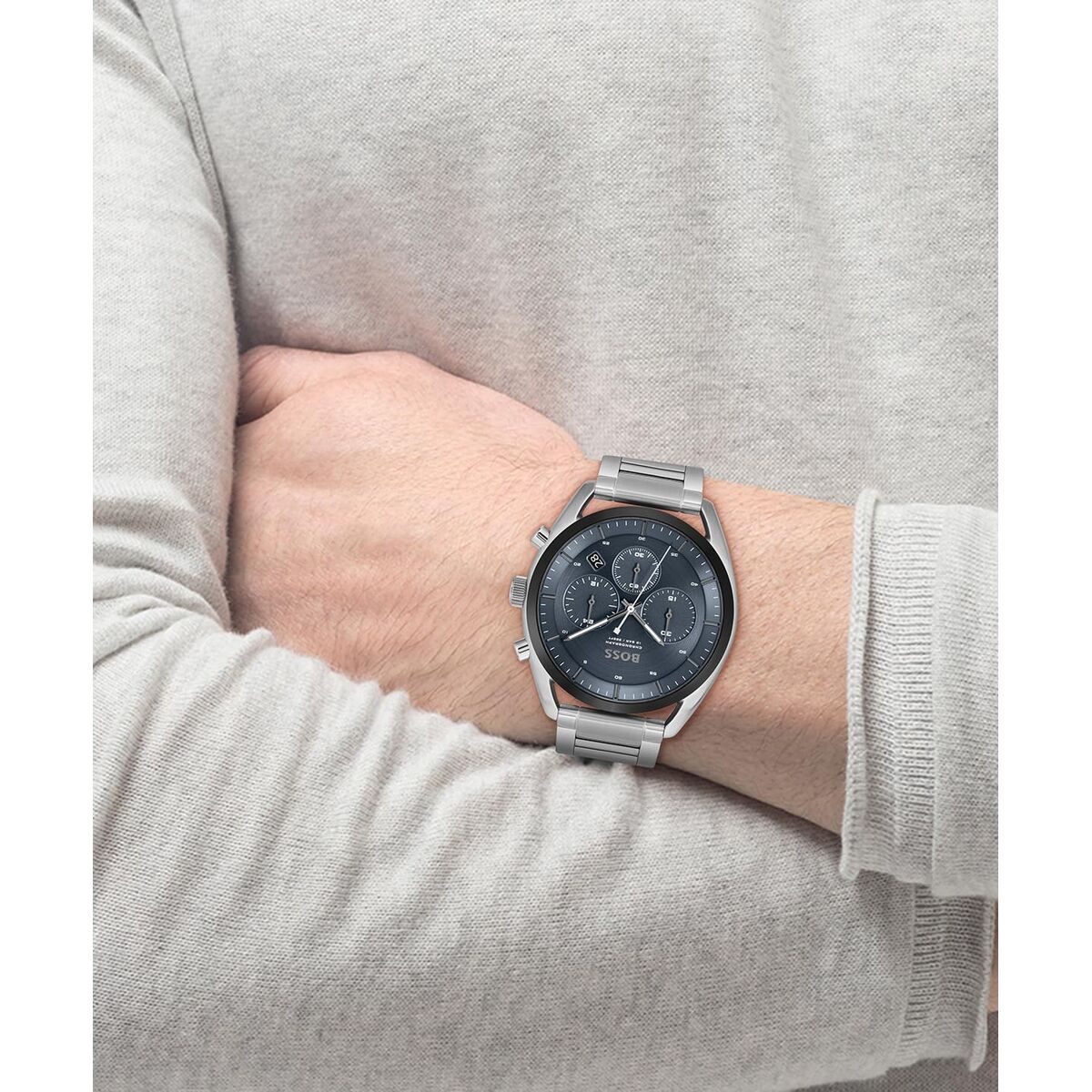 Hugo Boss Herren Armbanduhr – Edelstahl Grau Stoppuhr