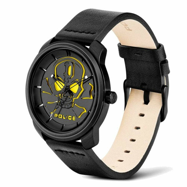 Police Herrenuhr 44 mm Schwarz Leder Elegant - Mode & Accessoires