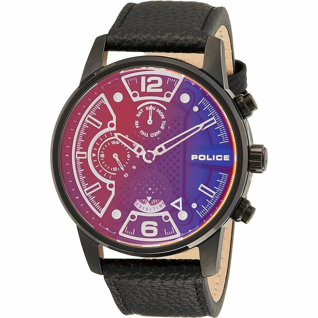 Police Herrenuhr 45 mm Schwarz Leder Elegant - Mode & Accessoires