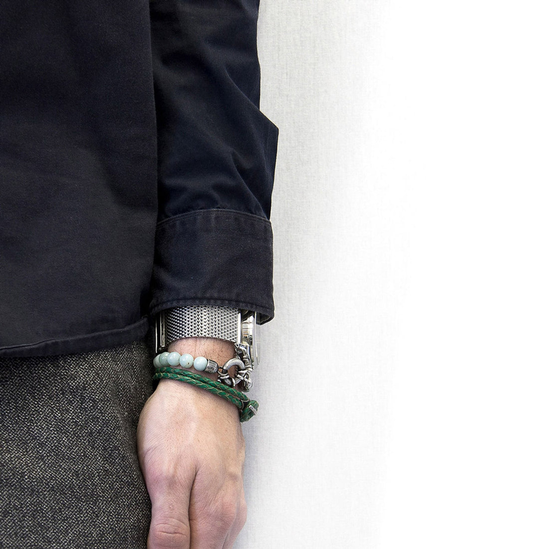 Padstow Silberarmband aus geflochtenem Leder – Farngrün – Detailansicht 2