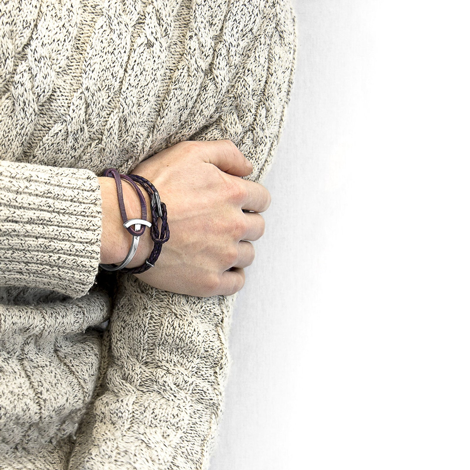 Padstow Silberarmband aus geflochtenem Leder – Traubenviolett – Produktansicht 4