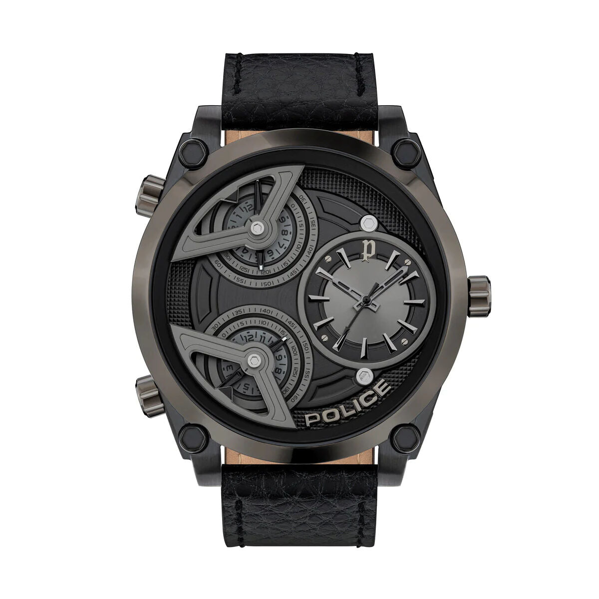 Police Herrenuhr Ø 50 mm Edelstahl Schwarz Leder Elegant - Uhren Mann