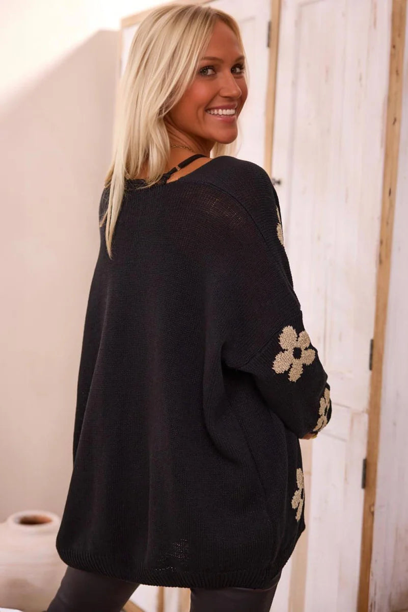 Schwarzer Damen Cardigan mit Blumenprint – Detailansicht 1