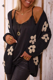 Schwarzer Damen Cardigan mit Blumenprint