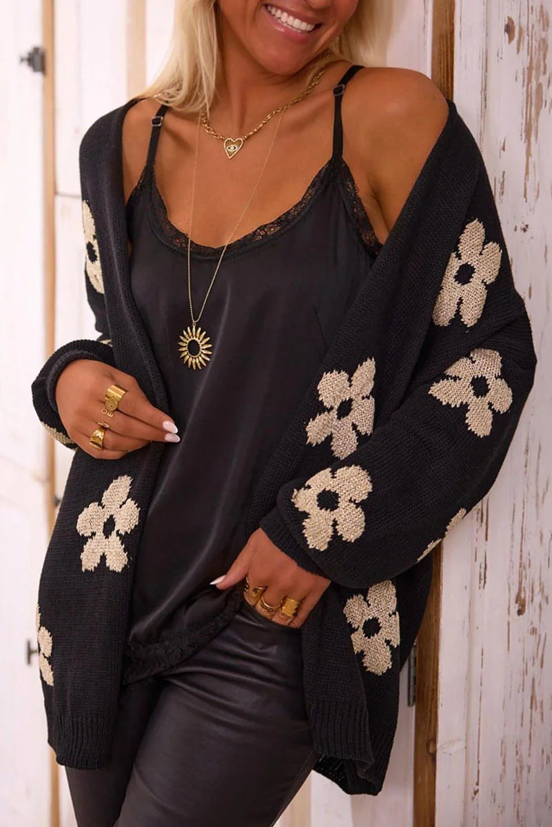 Schwarzer Damen Cardigan mit Blumenprint