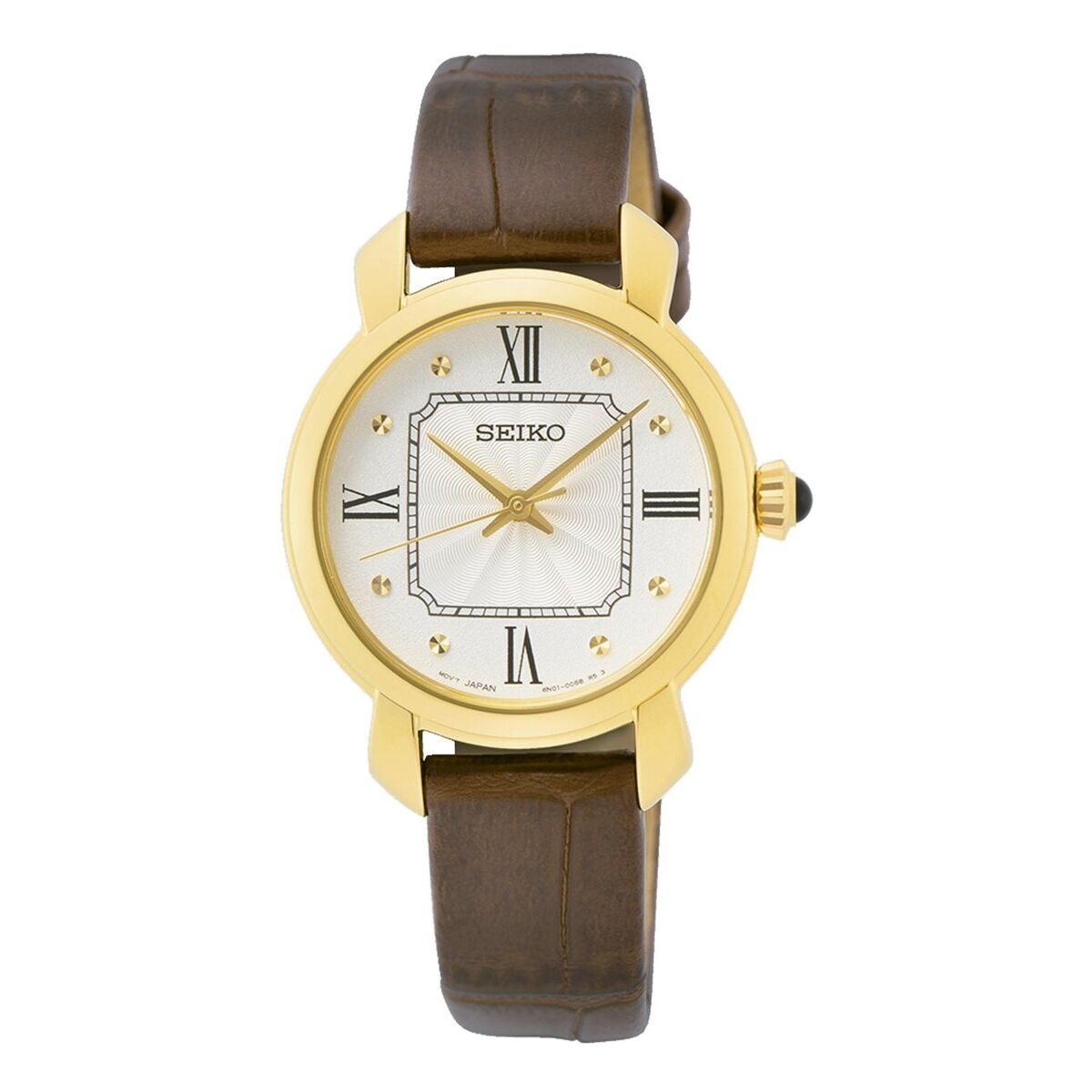 Goldene Seiko Damenuhr Edelstahl mit braunem Lederarmband, zeitlose Eleganz