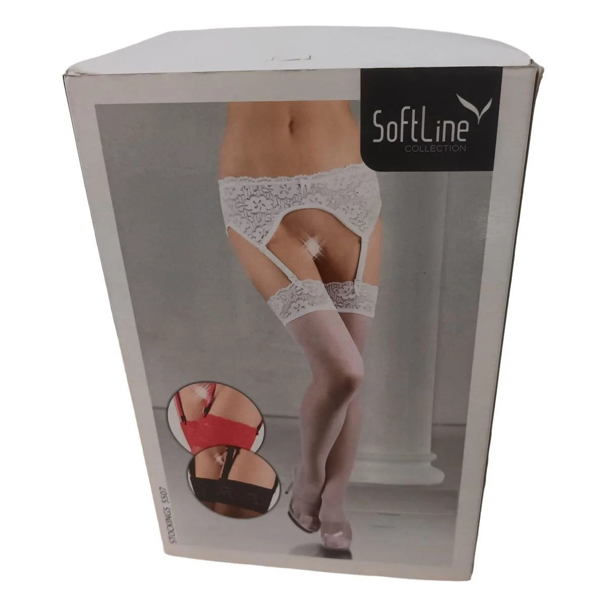 Verpackung der SoftLine Collection Strümpfe mit Produktabbildung