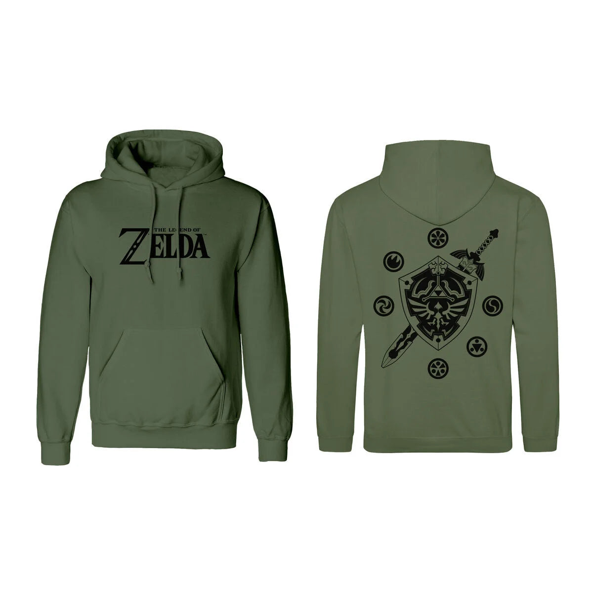 Grüner The Legend of Zelda Kapuzenpullover mit Frontlogo und Schildmotiv am Rücken