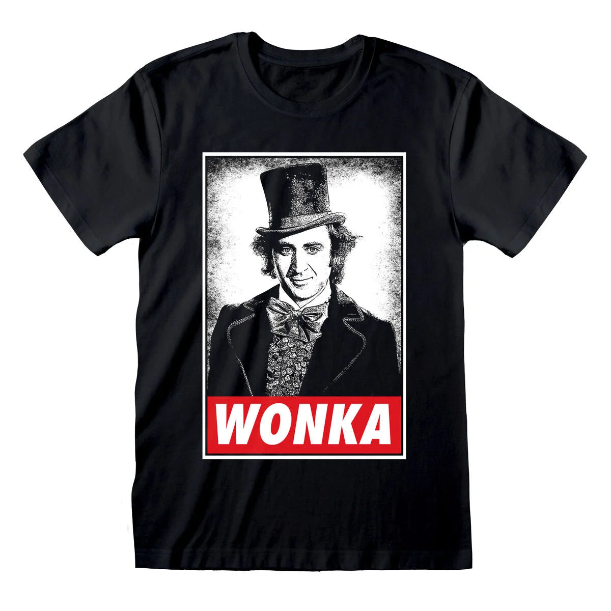 Schwarzes Willy Wonka Unisex-T-Shirt mit Frontmotiv