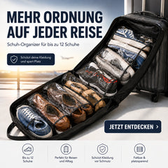 Schuh-Organizer mit 6 Paar Schuhen vor einem schwarzen Reisekoffer