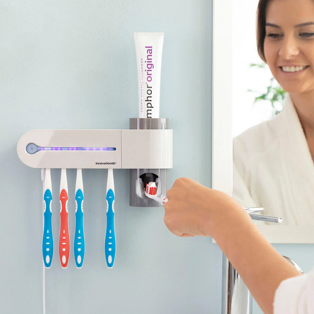 UV-Zahnbürsten-Sterilisator mit Zahnpastahalter und -spender Smiluv – Detailansicht 1