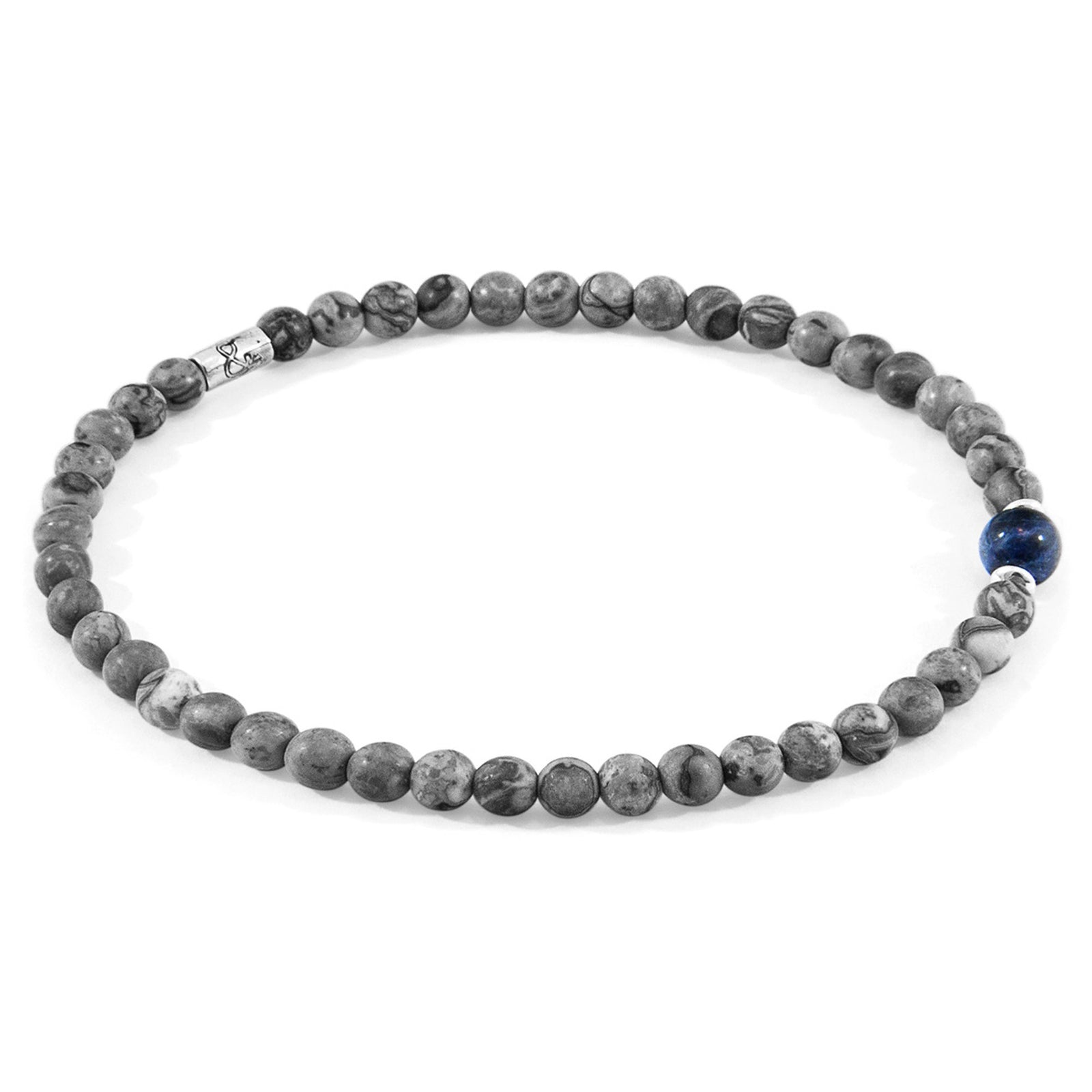 Walter Skinny-Silberarmband mit Steinperlen – Grauer Jaspis & Blauer Sodalith