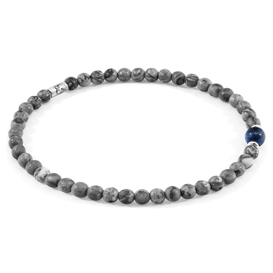 Walter Skinny-Silberarmband mit Steinperlen – Grauer Jaspis & Blauer Sodalith