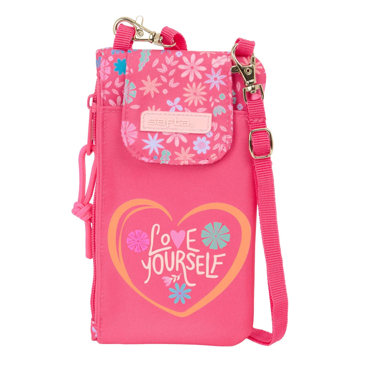 Pinkfarbene Safta Feeling Smartphone-Geldbörse mit Love Yourself Motiv und Schultergurt