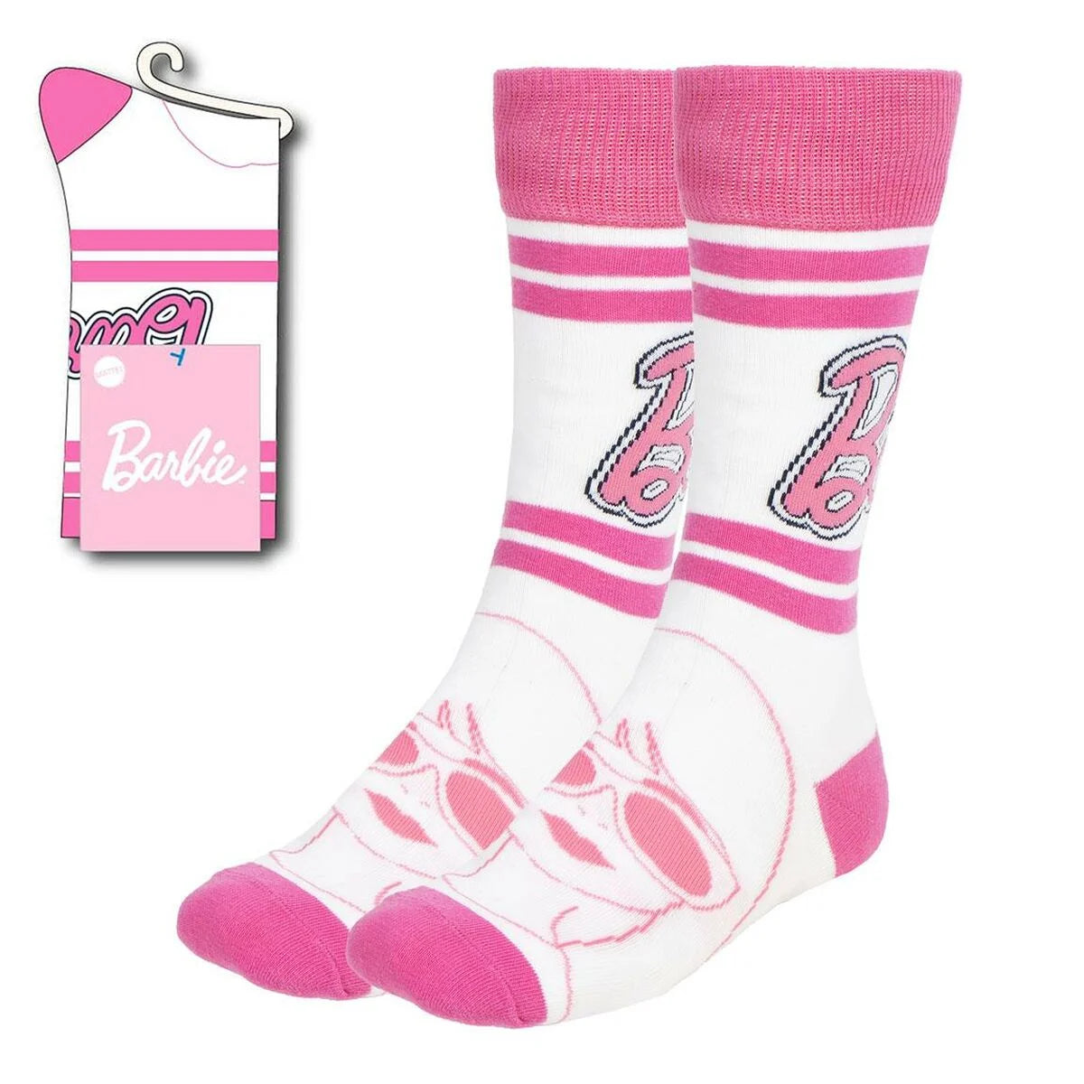 Weiß-rosafarbene Barbie Crew-Socken mit Motiv