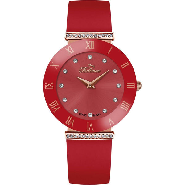Bellevue Damenuhr aus Metall und Stoff in Rosa Rot - Mode & Accessoires