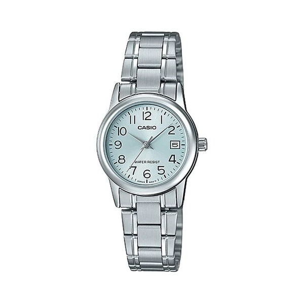 Casio Damenuhr LADY 3H 25 mm Edelstahl Silber Lichtblau - Mode & Accessoires