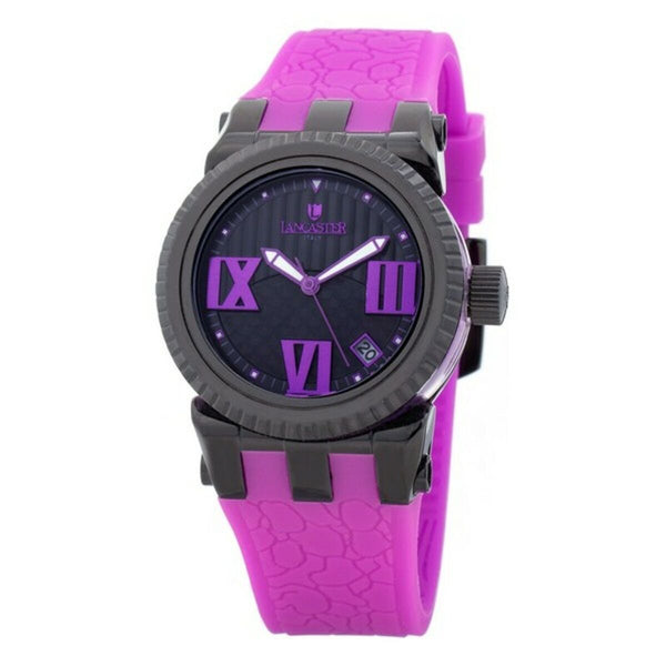 Damenuhr mit schwarzem Edelstahl violettem Silikonarmband - Mode & Accessoires